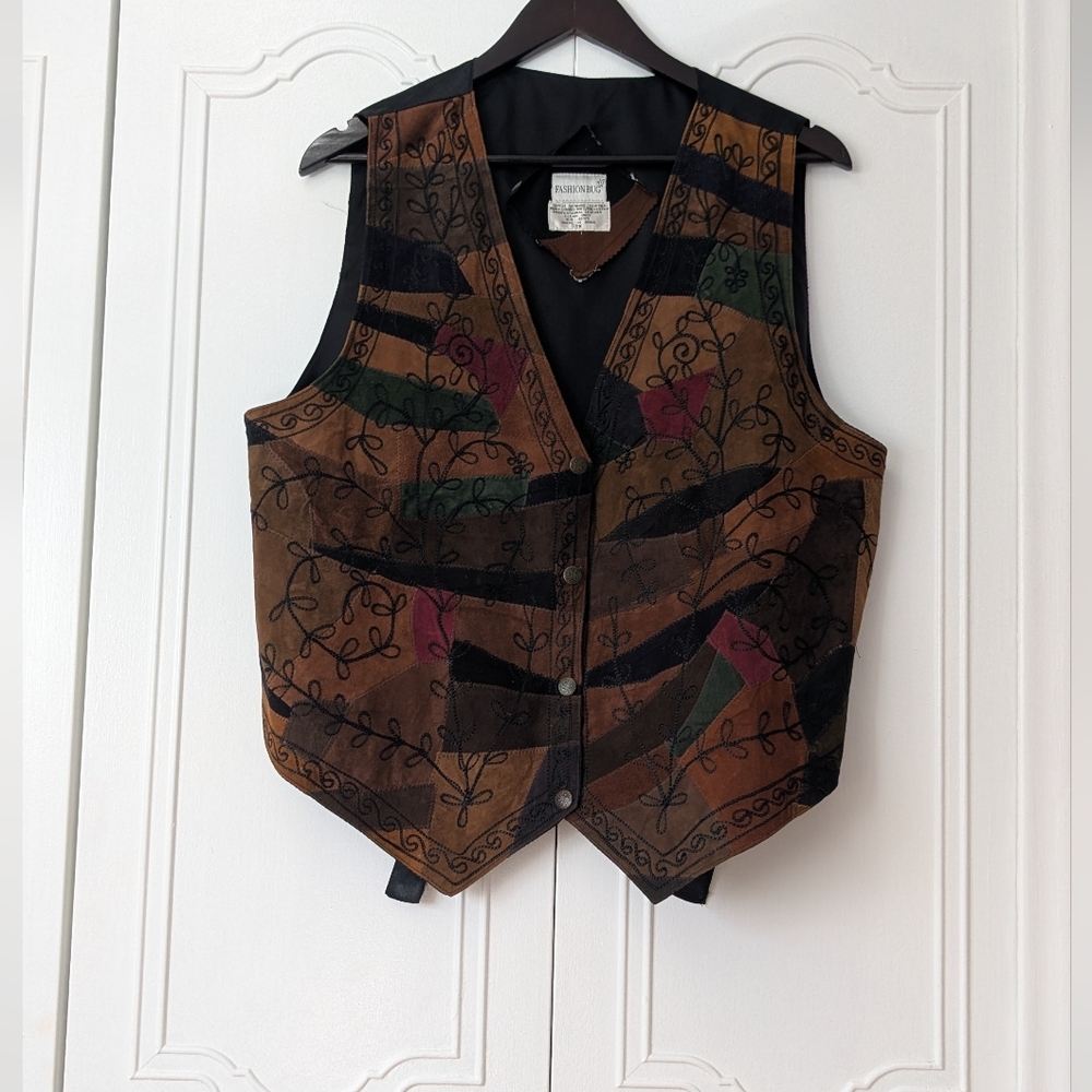 Fashion Bug Artistic Patchwork Leather Brown Vest Size 1X